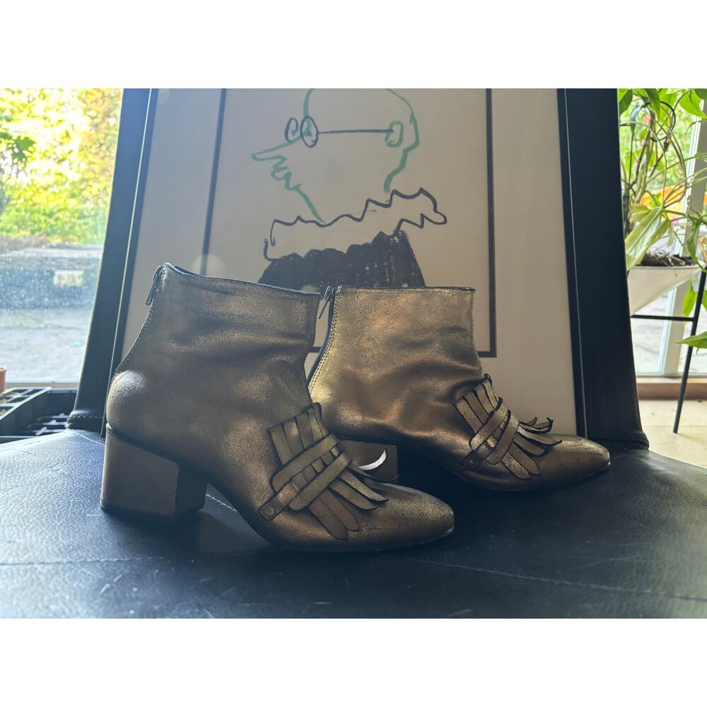 Rachel Comey Bevi Bootie — Antique Gold Metallic Leather, 6.5  Fringe Detail